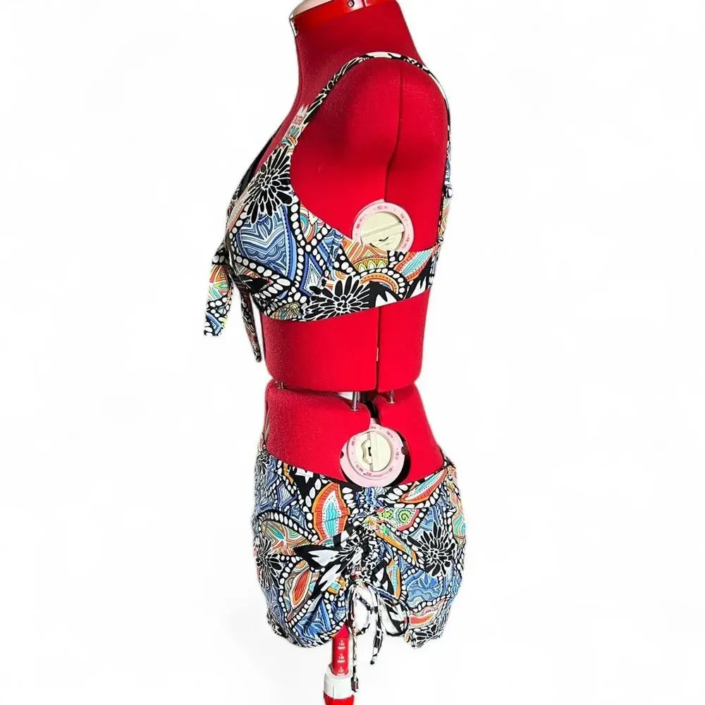 Captiva Y2K Floral‎ Multicolor Tie Front Bikini Scrunched Skirt Bottom Medium